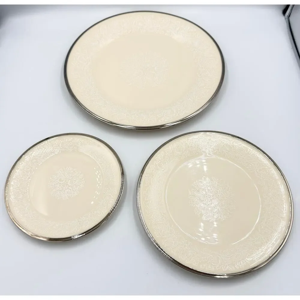 Lenox Moonspun China Platinum Trim 3pc Plate Set Dinner, Salad Bread